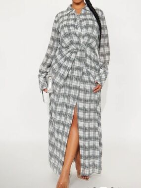 Gray & White Plaid Maxi Shirt Dress with Front Slit
